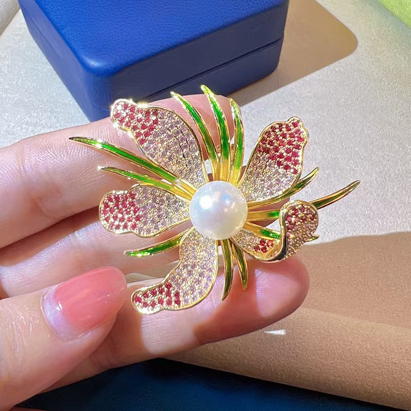 Trâm Cài Áo Hoa Phong Lan Đính Ngọc Trai - Hình ảnh 2