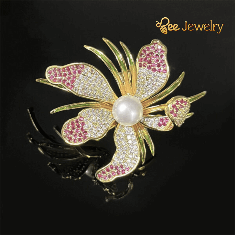 trâm cài áo hoa phong lan đính ngọc trai