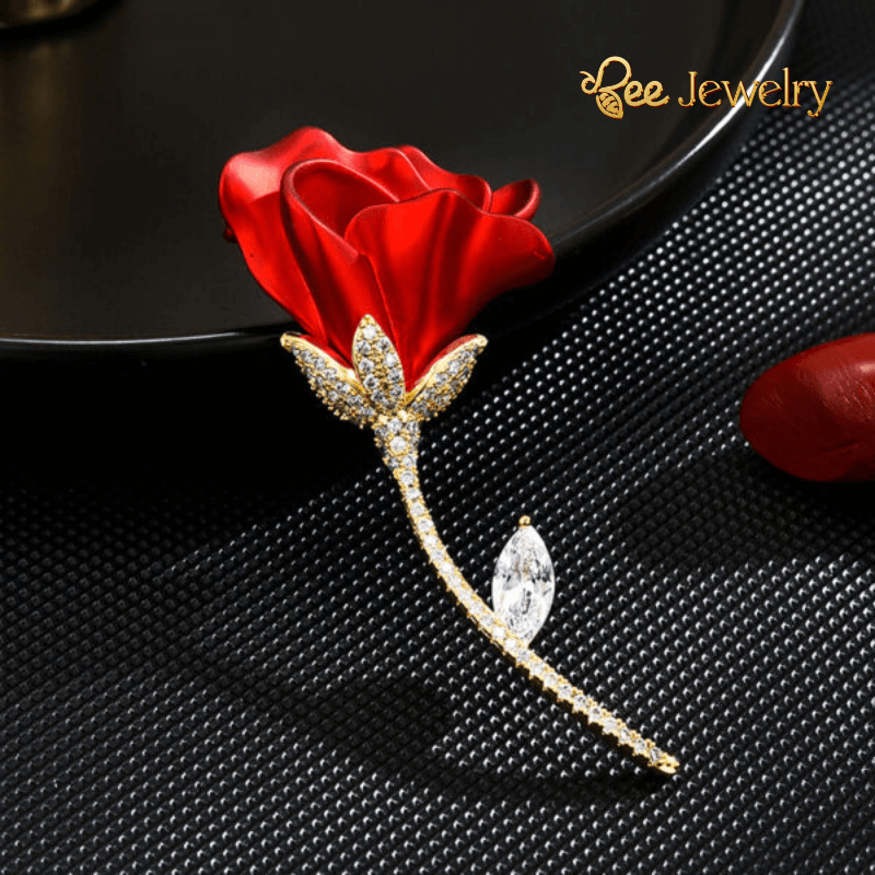 trâm cài áo hoa hồng đỏ đính đá cao cấp