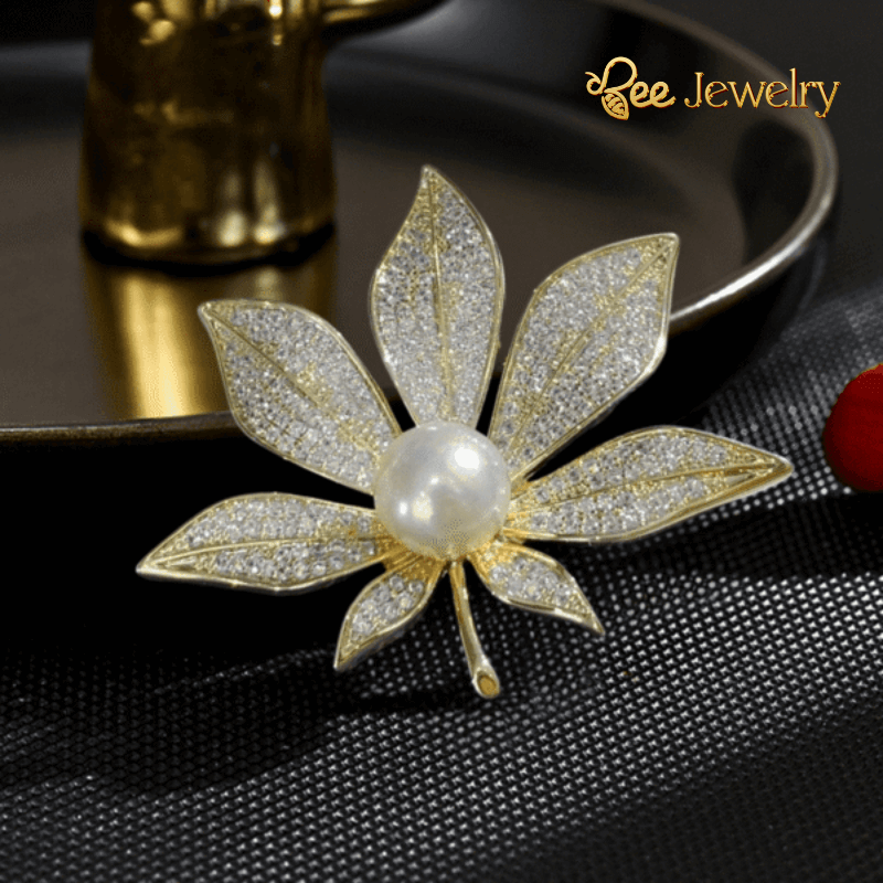 trâm cài áo chiếc lá đính ngọc trai cao cấp