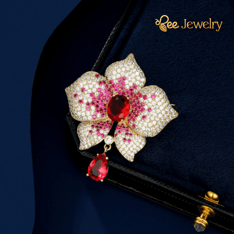 trâm cài áo hoa đính thạch anh hồng