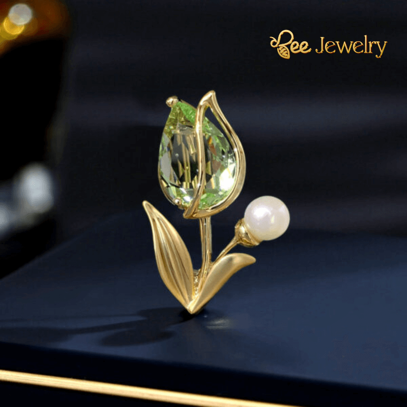 Trâm Cài Áo Hoa Tulip Phale Xanh Đính Ngọc Trai