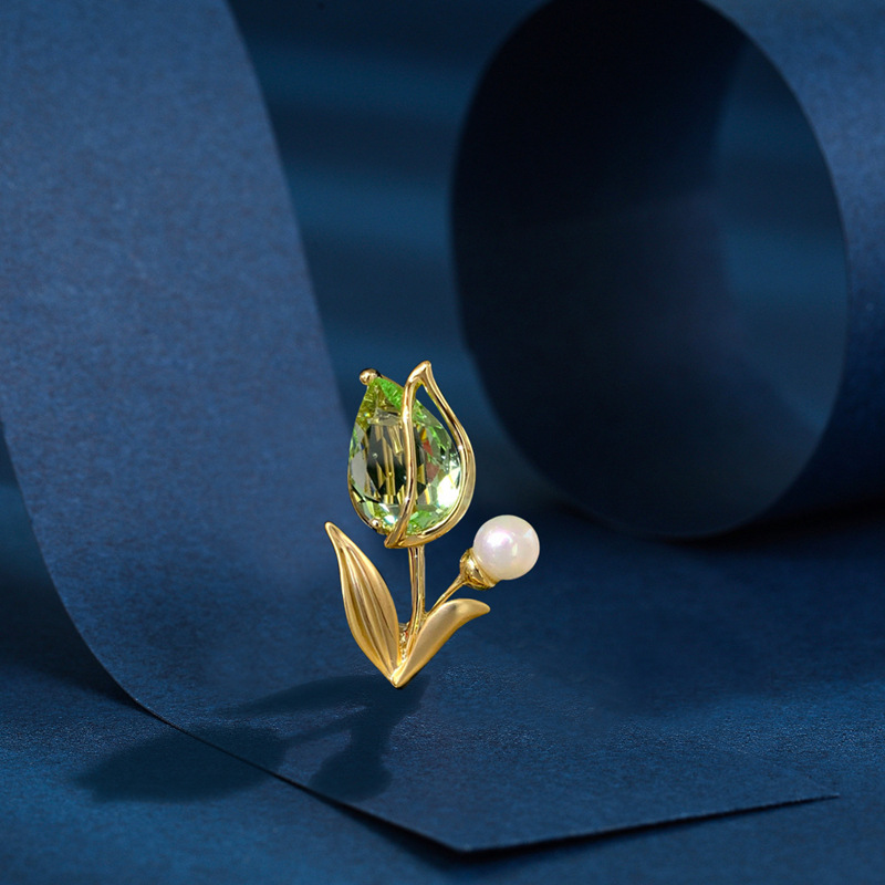 Trâm Cài Áo Hoa Tulip Phale Xanh Đính Ngọc Trai - Hình ảnh 3