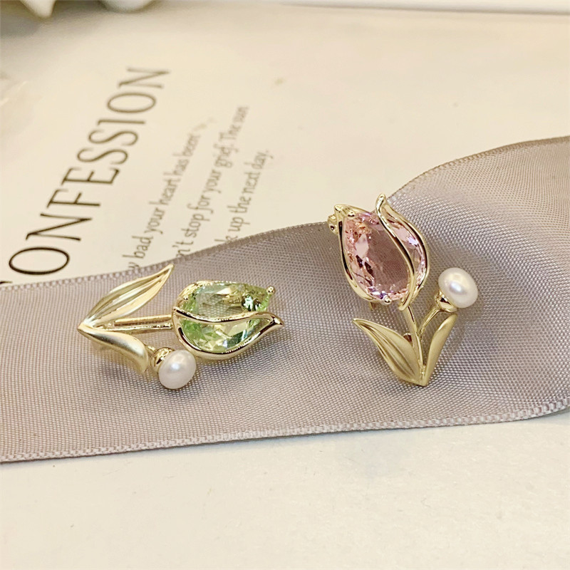 Trâm Cài Áo Hoa Tulip Phale Xanh Đính Ngọc Trai - Hình ảnh 2