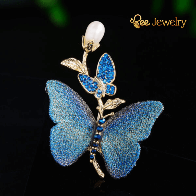 trâm cài áo bươm bướm vải thêu xanh đính ngọc trai