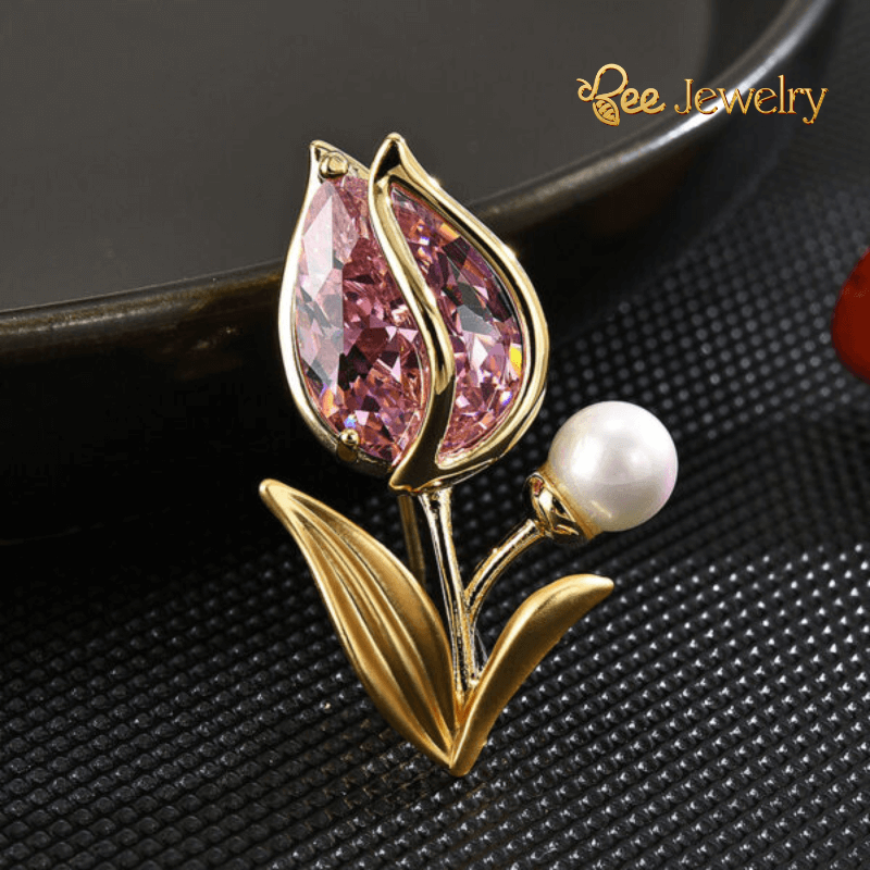 Trâm Cài Áo Hoa Tulip Phale Hồng Ngọc Đính Ngọc Trai